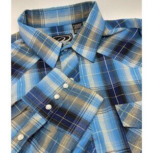 Roper Mens Western Shirt Blue Gray Silver‎ Metallic Plaid Pearlized Snaps L